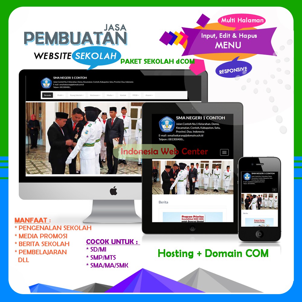 Jasa Pembuatan Website Sekolah Modern dan Responsive Free Domain SCH ID  1 Tahun (Paket Sekolah dCOM