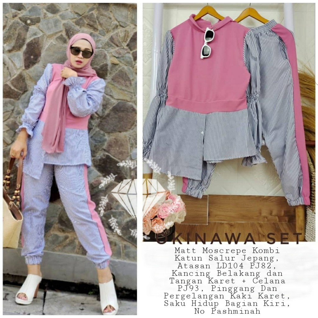 Setelan Pakaian Wanita Plus Celana/Baju Kaos Lengan Panjang dan Celana Cewek Okinawa Set