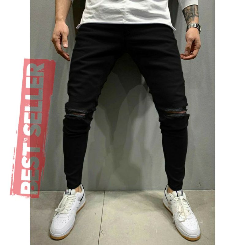 CELANA JEANS PRIA SOBEK RIPPED ROBEK SLIMFIT PENSIL STRETCH HITAM PREMIUM 27-38