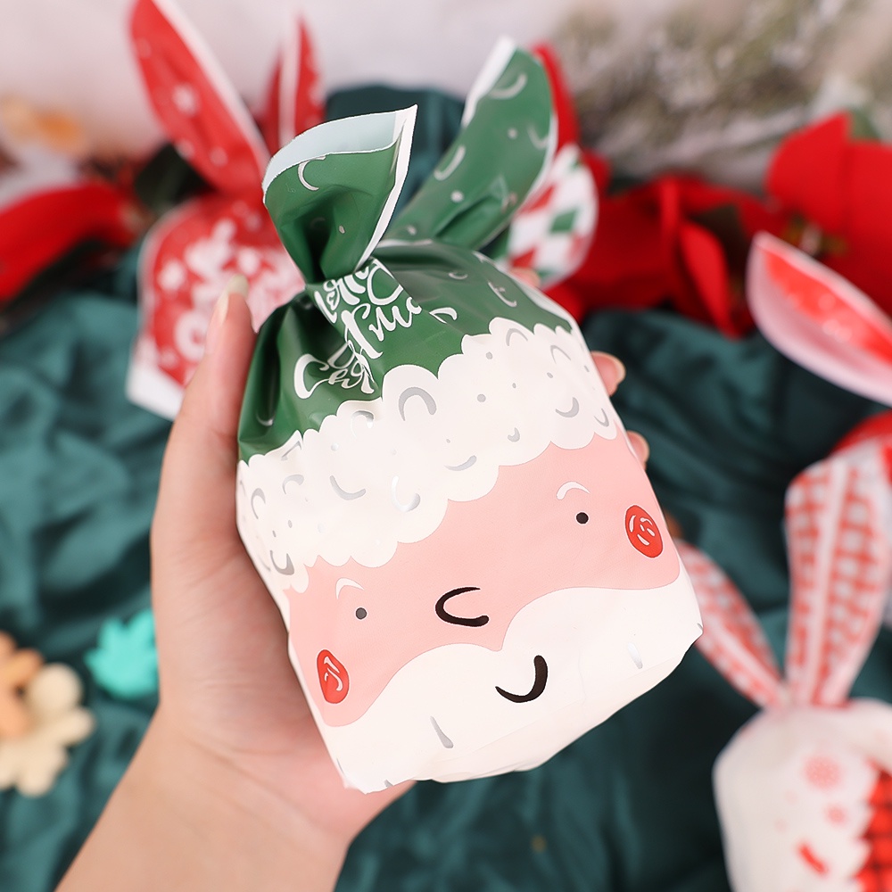 20 Pcs Tas Kemasan Permen Cookies Motif Print Telinga Kelinci Santa Claus Snowman Untuk Natal