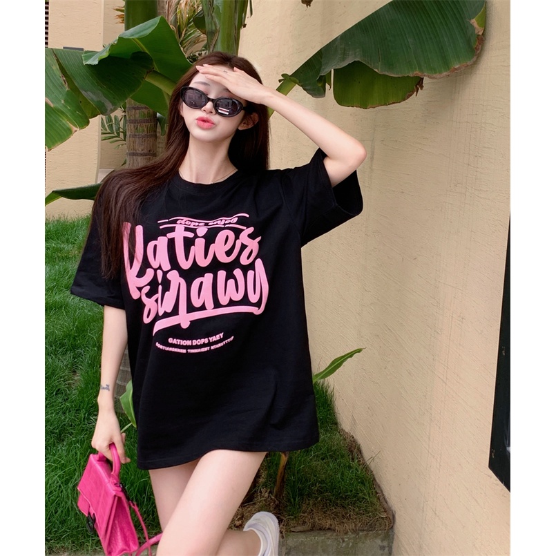 kaos atasan wanita lengan pendek oversize printed letters t shirt korean style kaos hitam