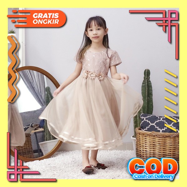 Cod-Dress Anak Ukuran 3-4 Tahun/Model Baju Anak Kombinasi Tila Dres Anak Perempuan Import Baju Pesta