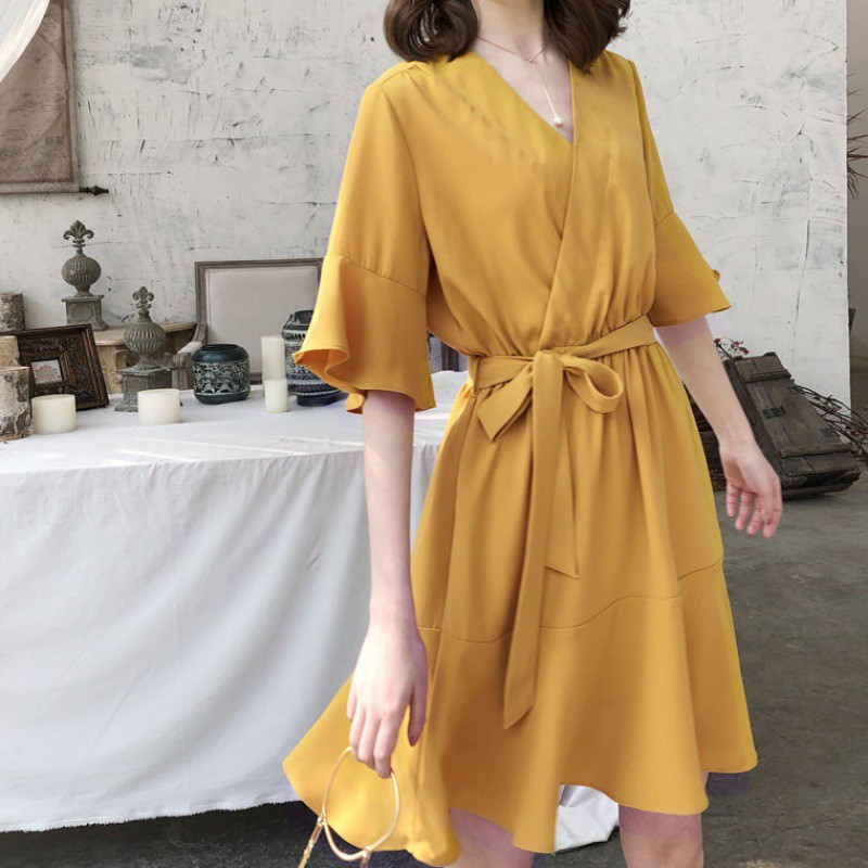 KDR-38 elegant dress with V-neck mid-length dress hitam mustard terusan wanita import korea