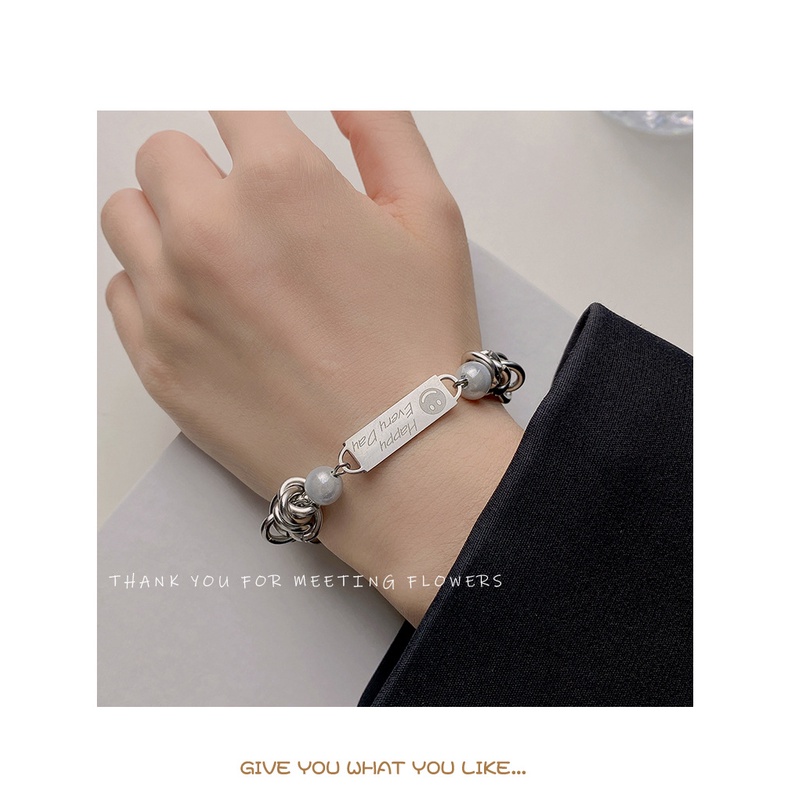 Special interest merek fashion titanium steel hip hop Gelang pria dan wanita reflektif Mutiara jahit