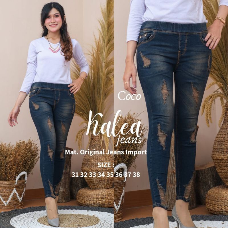 Jegging Jeans Wanita Sobek Lapis Legging 35-38 Jumbo