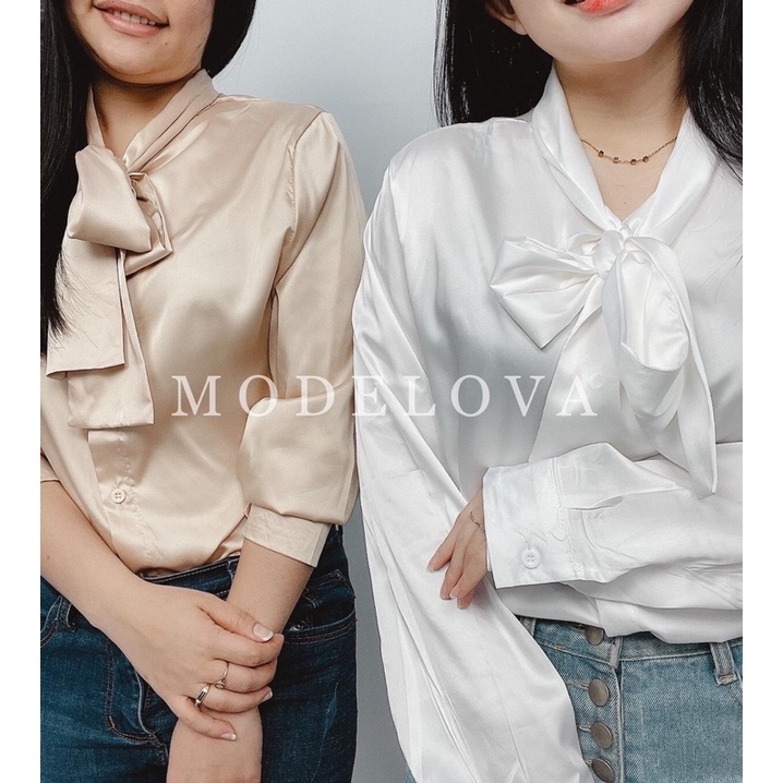 MDLV ~ 7132 Ridelian Tie Neck Shirt Blouse Satin Blouse Premium Blouse Import Blouse Korea Blouse Pita Blouse Casual Atasan Satin Lengan Panjang Fashion Wanita Fashion import