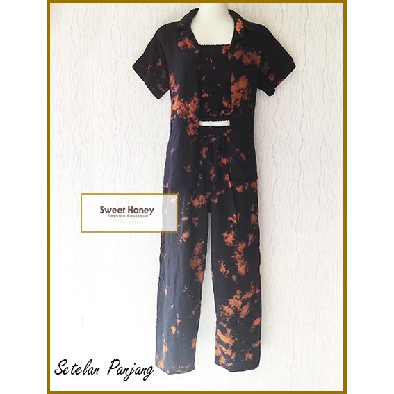 Sweet Honey ~ Setelan 3in1 Tiedye Pajamas Kemeja Kemben Kerut Celana Panjang Camisol Tiedye Bali