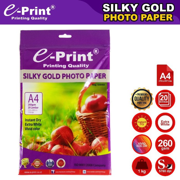 

KERTAS FOTO GLOSSY SILKY GOLD A4 - 260gsm ISI 20 E-PRINT/kertas photo
