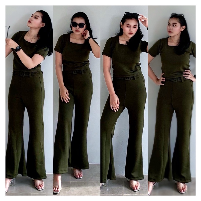 Setelan Fashion Wanita Scuba Army Celana Cutbray Free Belt / Atasan fashion Wanita Crop Square / Baj