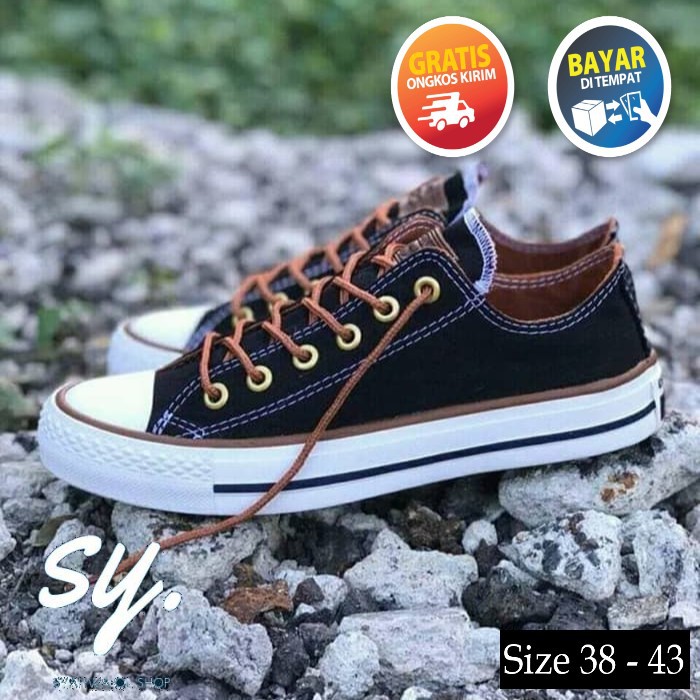 Converse Premium All Star Hitam Tali Coklat Sepatu Pria Wanita Sepatu Sekolah/Kuliah/Kerja COD