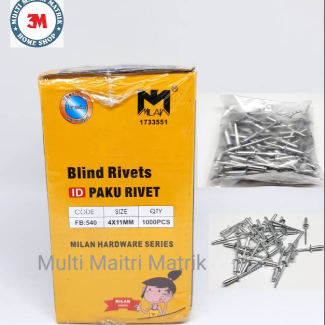 Paku rivet 4 x 11 mm 540 / blind rivet 4 x 11mm 540 isi 100pcs