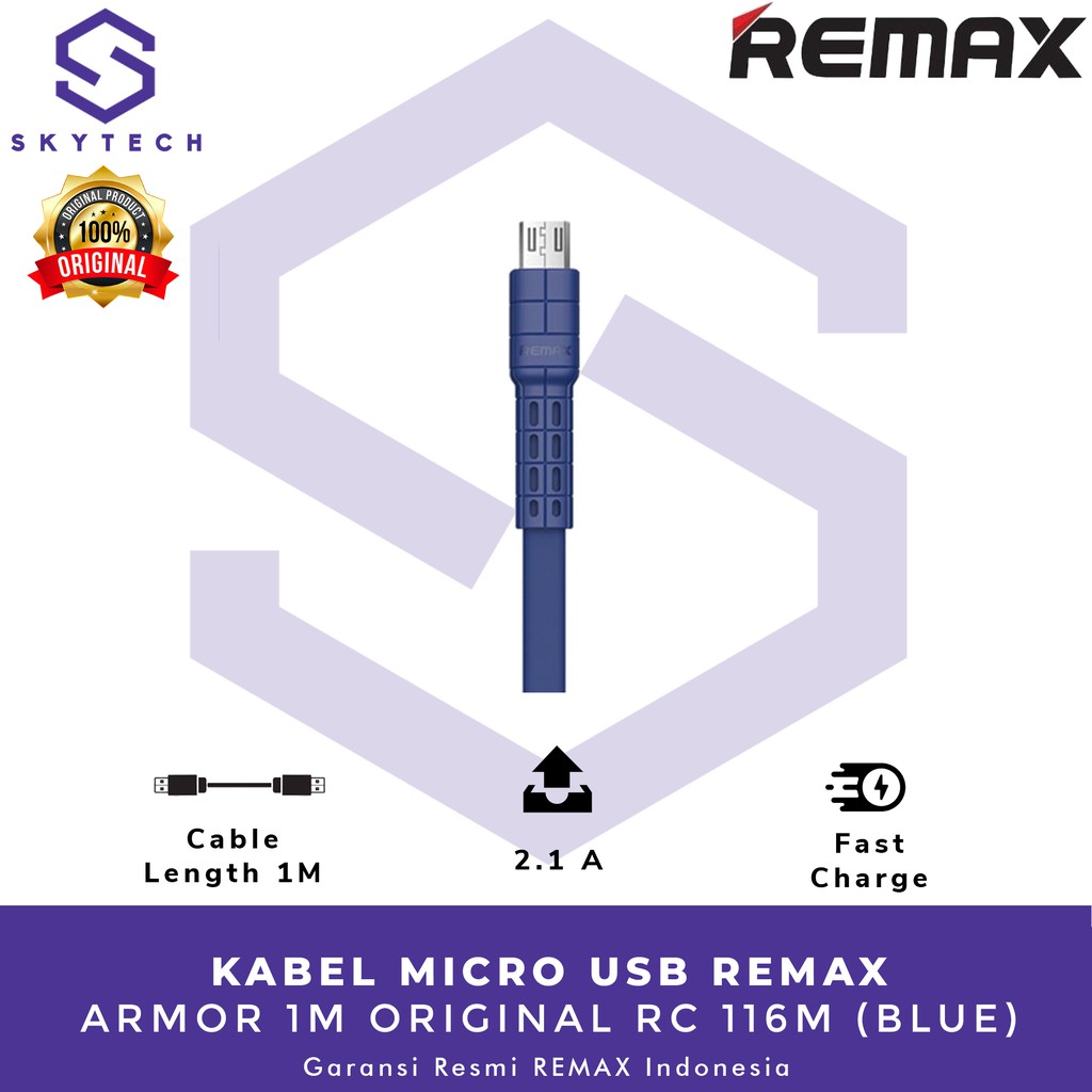 KABEL MICRO USB REMAX ARMOR 1M BLUE RC 116M ORIGINAL GARANSI RESMI