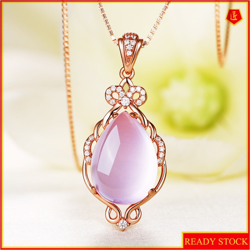 [Ready Stock]Fashion Silver Plated Necklace Inlaid with Rose Quartz Pendant