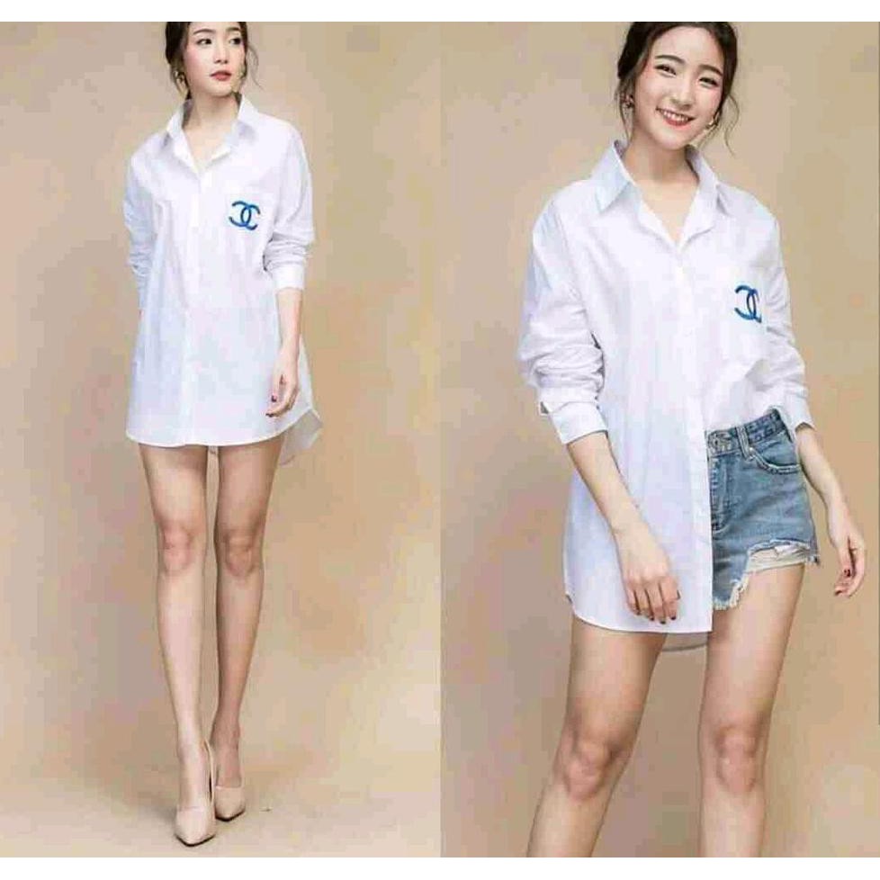 C2 SQ HEM 3BUTTON TUNIK KEMEJA WANITA PUTIH LENGAN PANJANG IMUT SIMPLE ELEGAN HIJAB MODIS MODERN