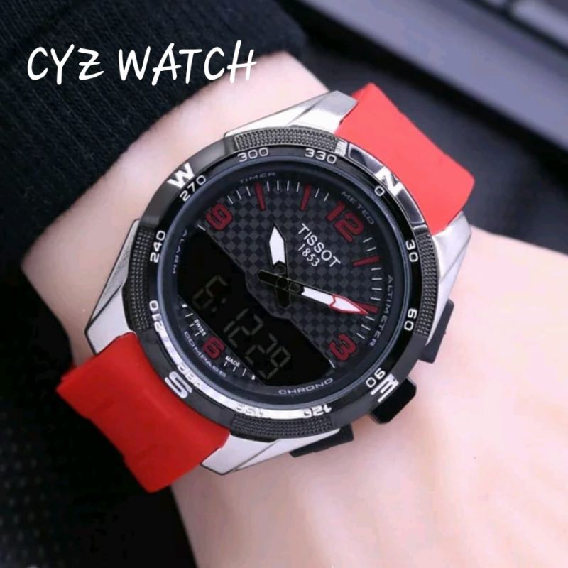 Jam Tangan Pria Elegan Exclusive TIS SOT MASTER RUBBER Dual Time Premium Watch Red