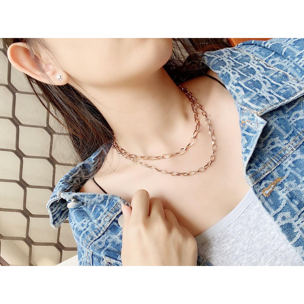 kalung wanita cewek bahan titanium asli anti karat model choker 2 layer rosegold