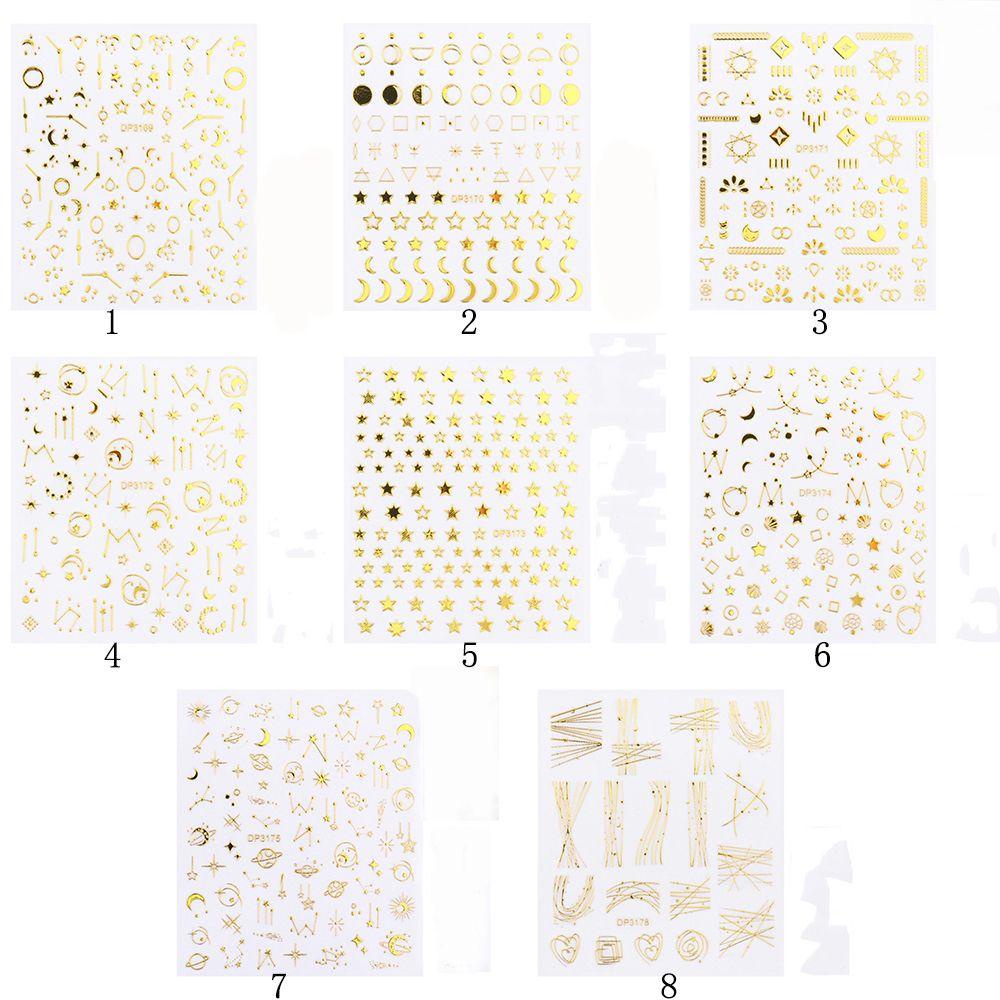 R-flower 3D Nail Sticker Star Silver Gold Garis Geometris Stripe Transfer Stiker