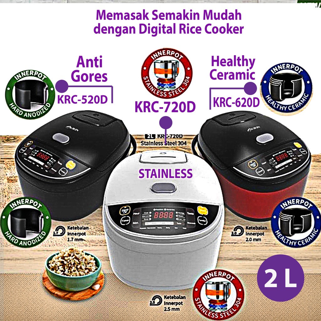 Rice Cooker Magic Com Mini Digital Kirin 1 1.3 1.8 2 3 Liter 3 in 1  Stainless Steel Anti Gores Lengket Ceramik Keramik Ricecooker Ricecoker Magicom Megicom Mejikom Mini Kirin 1 1.3 2 3 Liter 3 in 1 KRC 138 087 088 090 388 389 390 188 520 620 720 D