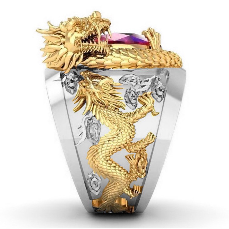 Cincin Batu Permata Merah Titanium Naga Tiga Dimensi 3D Fashion Pria