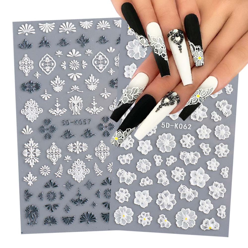 MXBEAUTY Black And White 5D Engraved Nail Sticker White Embossed Flower DIY Nail Art Design Nail Art Decoration Hollow Three-dimensional Lace Flower Design Sliders Decals Manicure Accessories