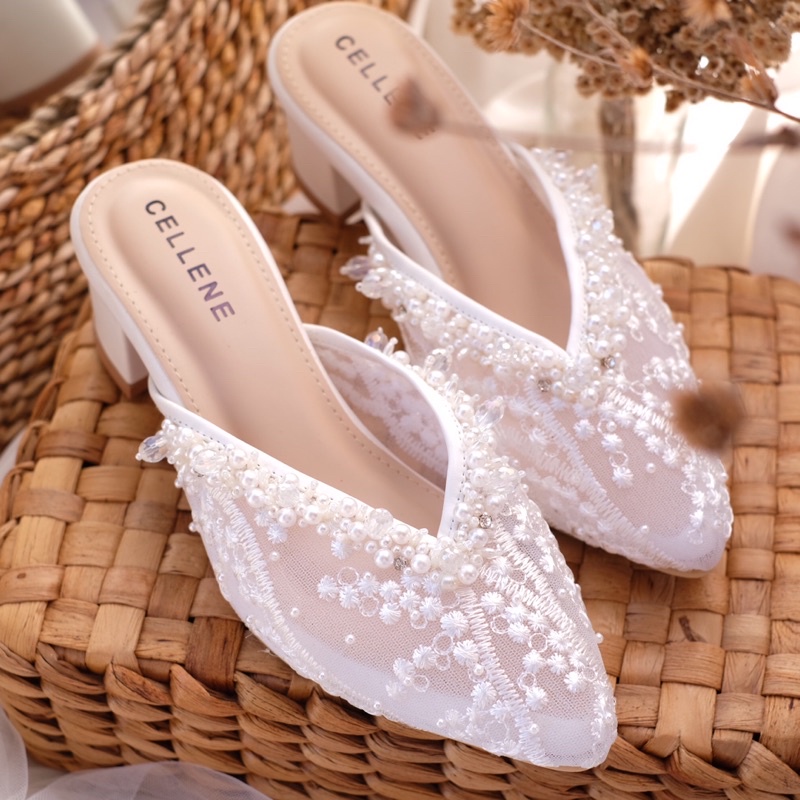 CELLENE Brenda Beads Heels (2warna) / wedding shoes sepatu pengantinbrukat payet putih heels 5cm