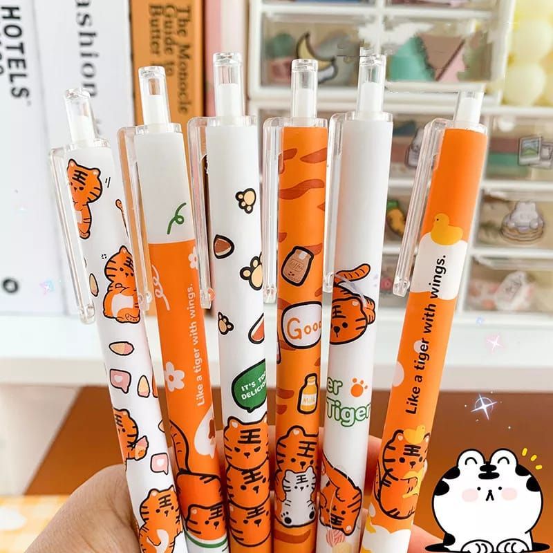 

6 Pcs Pulpen Motif Tiger Pulpen Gel Ink 0.5mm Pulpen Retractable Pulpen Mekanik Cetekan