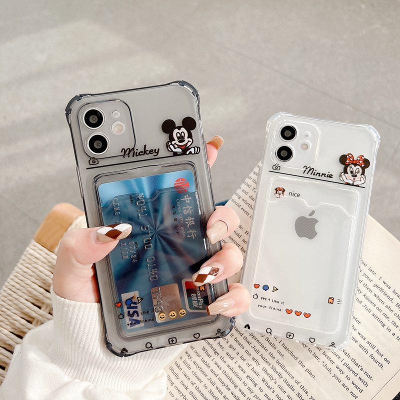 Mickey &amp; Minnie Card Bag Soft Case iP iPhone 7 8 + Plus X XR SE 2020 XS Max 11 12 13 Pro Max Black Clear Casing