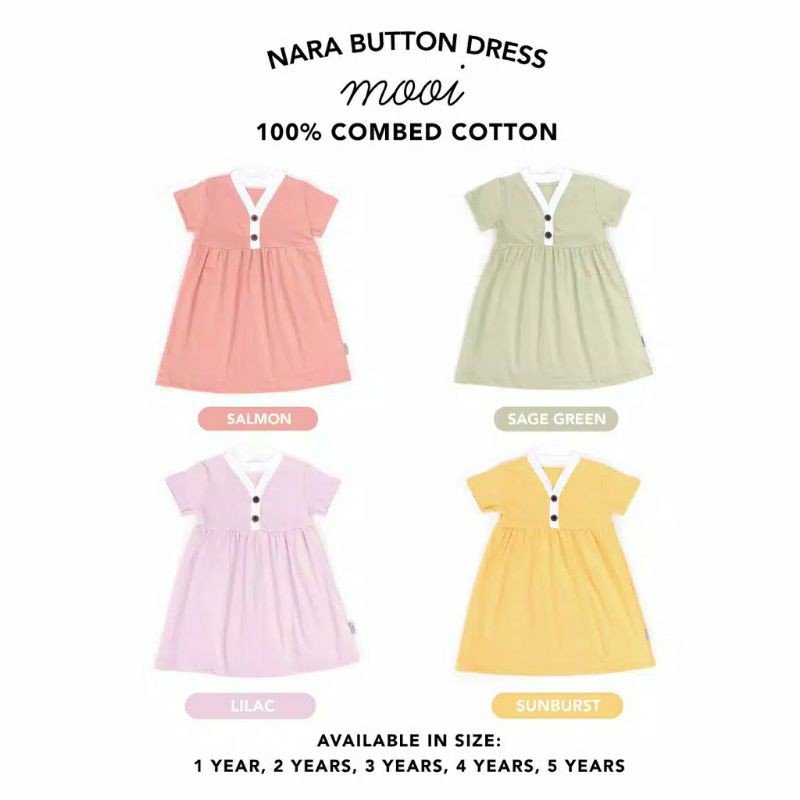 Mooi Nara Button Dress Baju Anak Perempuan Bayi Cewek Baby Girl 1 2 3 4 5 Tahun Katun Cotton