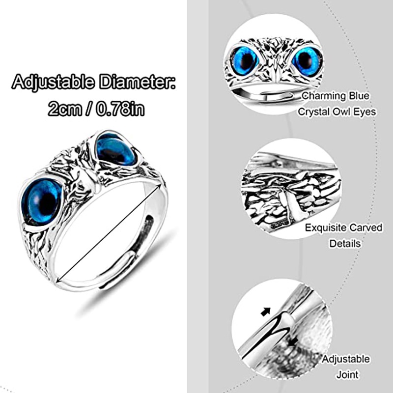 Cincin Adjustable Desain Burung Hantu Mata Biru Bahan Alloy Gaya Vintage Untuk Pria Dan Wanita