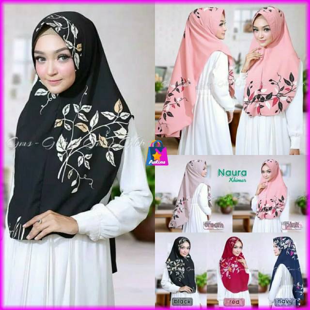 Hijab Khimar Anti Kusut Motif Ranting Daun Softpad Antem Jilbab Praktis GS111