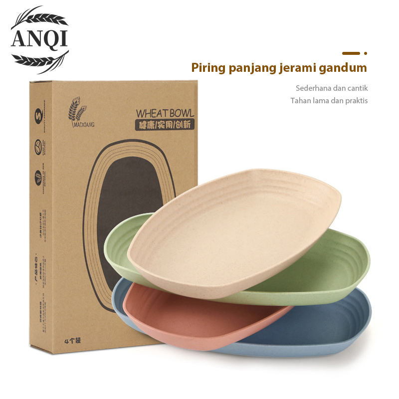 ANQI 4IN1 Piring Jerami Gandum Set Piring Bentuk Oval Kotak Mix Warna Isi 4 Pcs Lonjong Dinner Plate