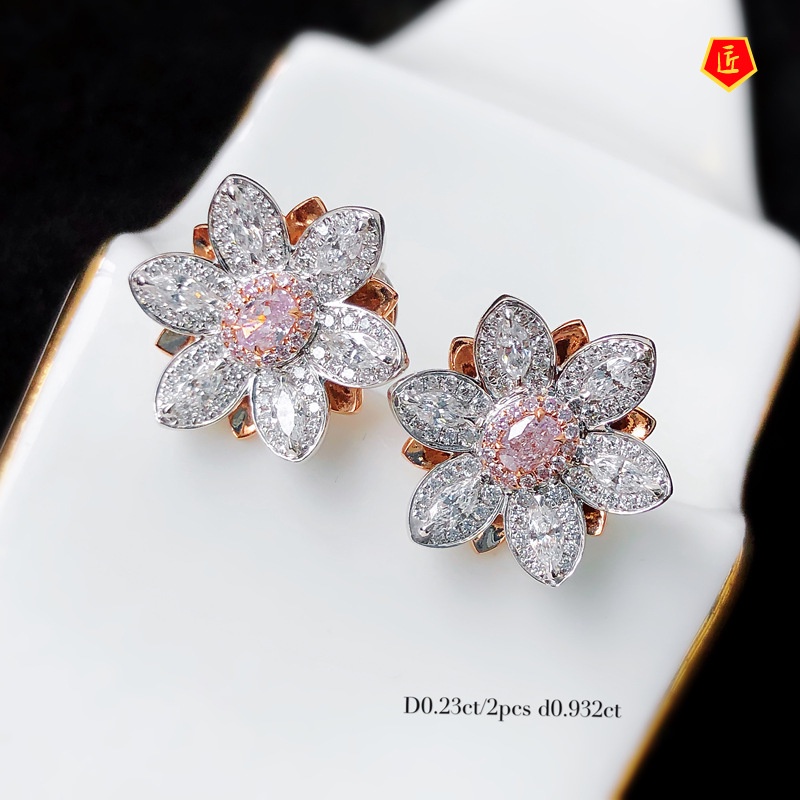 [Ready Stock]Women's Pink Diamond Lotus Open Rings Ear Studs Necklace Set