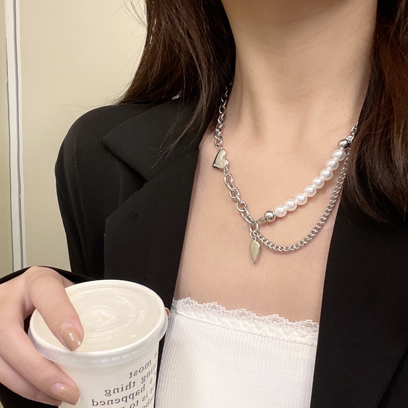 Kalung Rantai Liontin Desain Hati Hias Mutiara Gaya Koreakeren Untuk Wanita