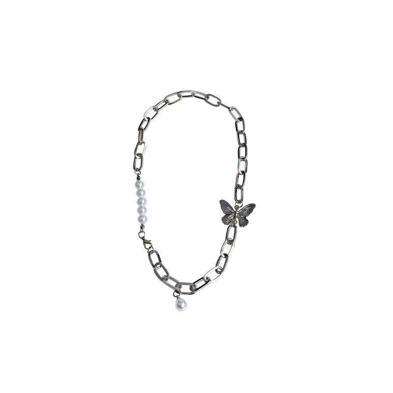 Butterfly Mutiara jahitan kalung ins gaya dingin logam tebal jaringan hip hop kalung wanita fashion