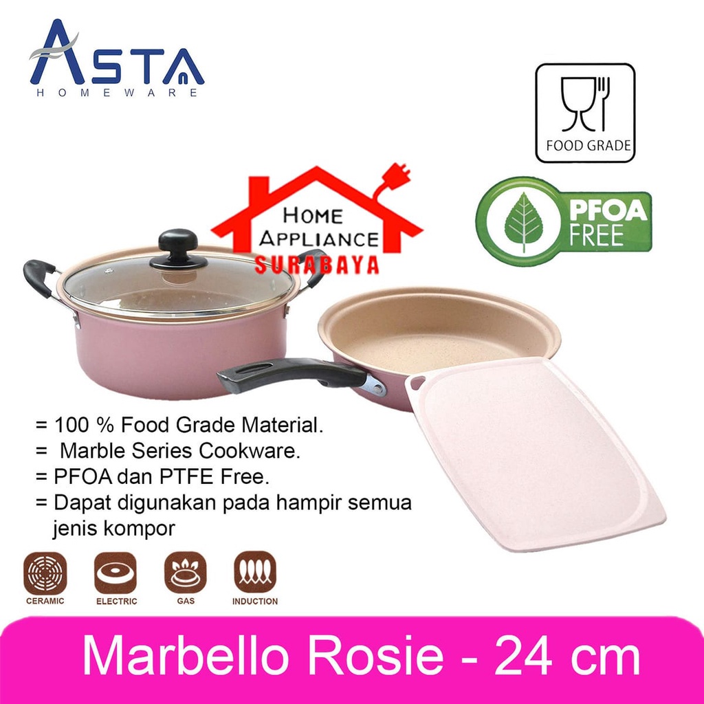 Panci Wajan Frypan Set + Tutup Kaca Anti Lengket Isi 4 PCS Cookware Set Asta Marbello Rosie