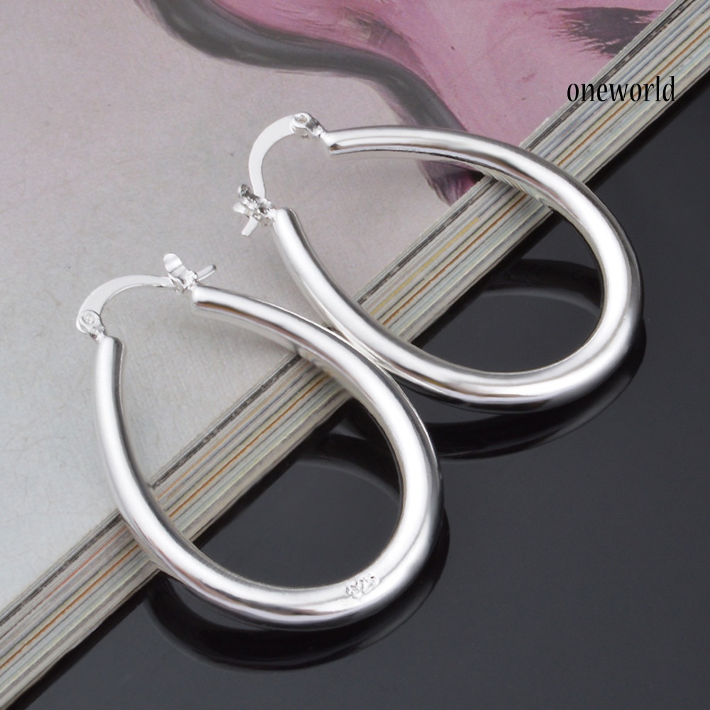 OW@ Silver Plated Big Hollow Oval Hoop Earring Fashion Women Party Banquet Jewelry