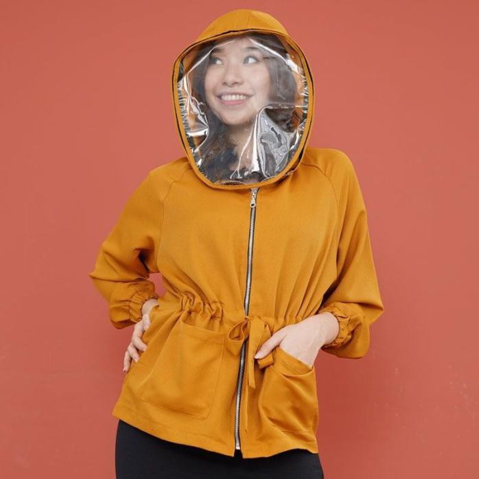 JAKET ANTI CORONA VIRUS WANITA HOOIDE FACESHIELD PELINDUNG WAJAH APD - GREY
