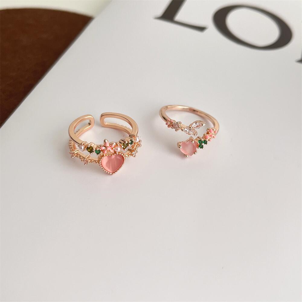 Cincin Model Terbuka Adjustable Desain Hati Ganda Bahan Zirkon Gaya Korea