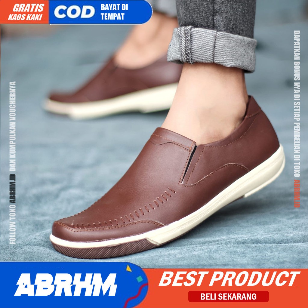 ABRHM x SANVER Sepatu Slip On Casual Kulit Asli Original Slop Anti Slip Kasual Formal Pantofel Kerja Kantor Kuliah Keren Kekinian Gaya Pria Cowok / Cowo