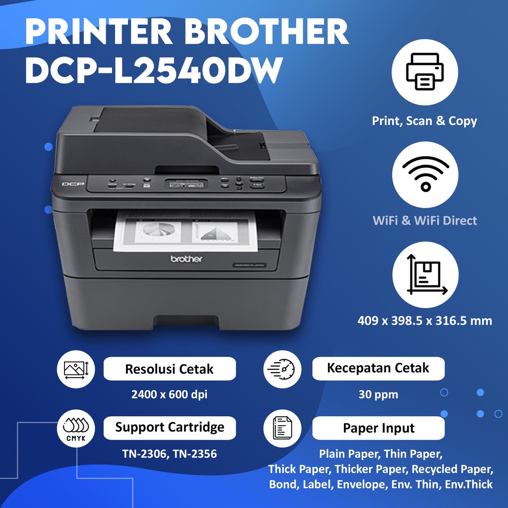 Printer Laser Brother DCP-L2540DW L2540dw WiFi Mono Laserjet Print Scan Copy Duplex TN2356 DR2306 Original