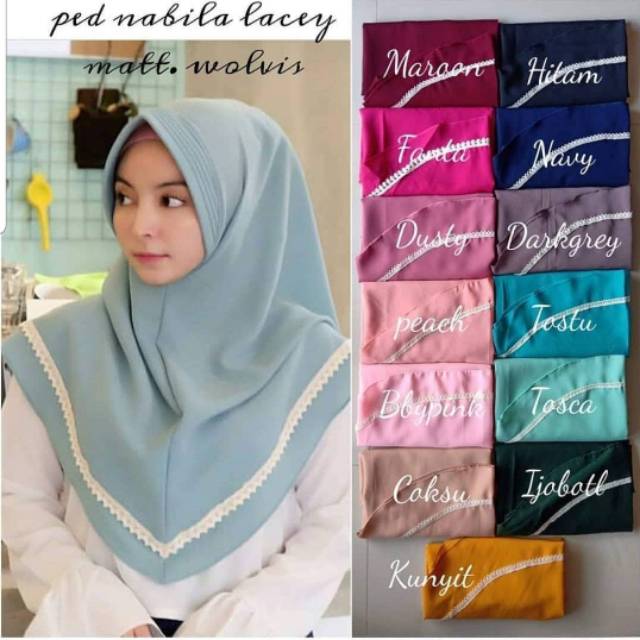 khimar ped nabila , list renda tengah , bahan wolfis , ped antem TERMURAH