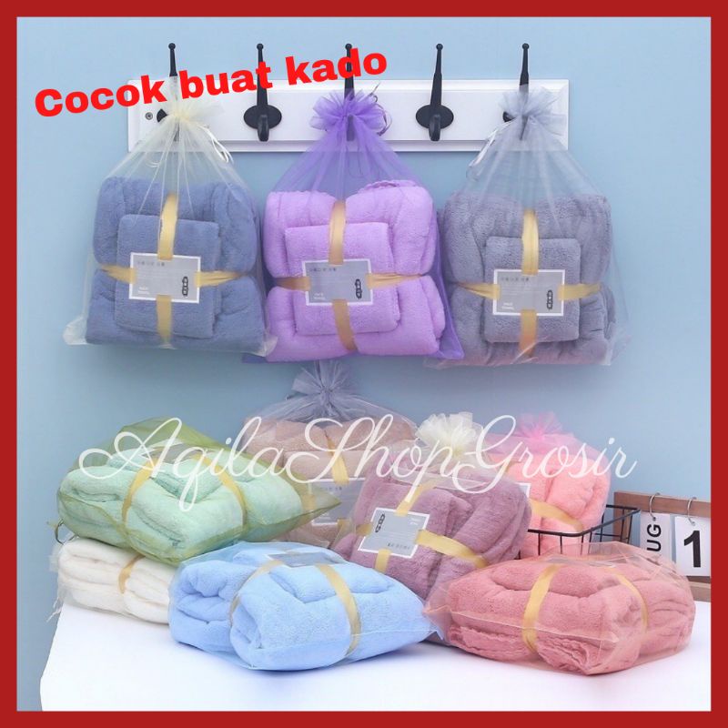 HANDUK MANDI DEWASA SET POLOS 2in1 JUMBO 70x140cm BERANAK HALUS LEMBUT / TOWEL SOUVENIR KADO POUCH S