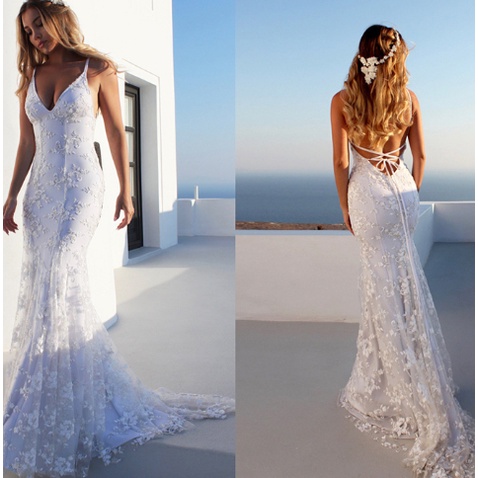 GAUN SPAGETTI GAUN PERNIKAHAN  SIMPLE WEDDING DRESS PUTRI DUYUNG  PUTIH