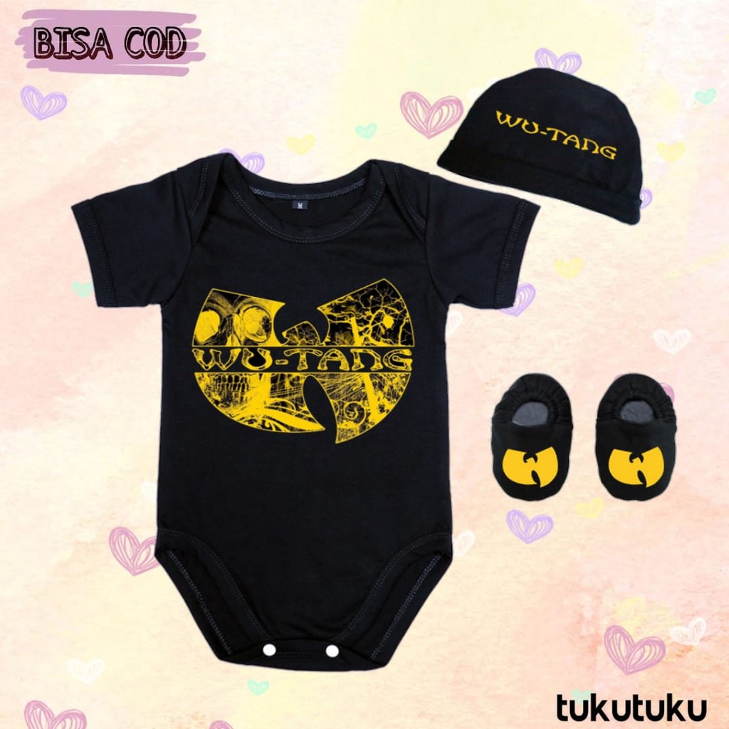 Set 3 in 1 Jumper Bayi Band Topi Kupluk dan Sepatu Newborn Jumpsuit Lucu Group Hip Hop Wutang Clan