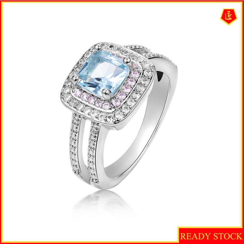 [Ready Stock]Simple Elegant Full Diamond Sea Blue Topaz Ring