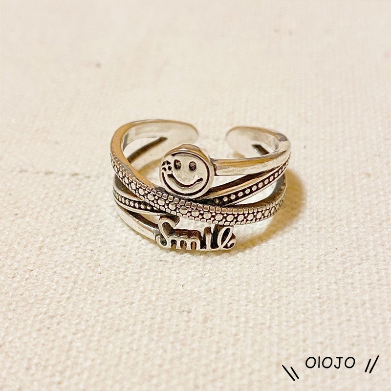 Smiley Surat Cincin Kepribadian Wanita Retro Pembukaan Adjustable Pasangan Cincin Perhiasan - ol