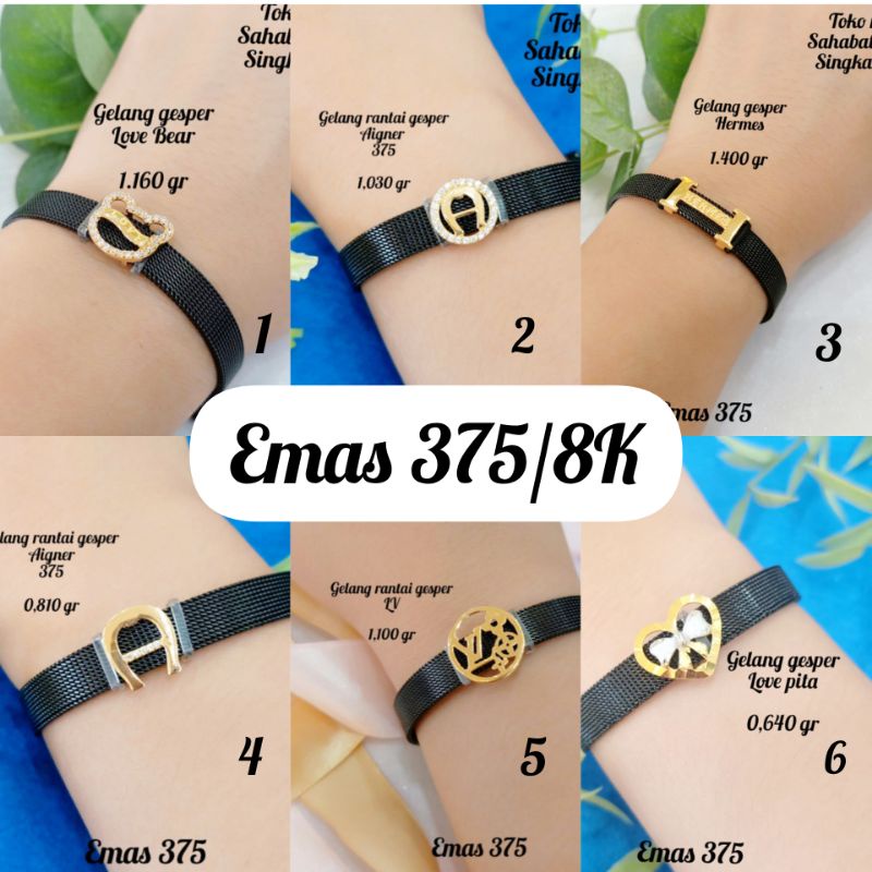 READY STOCK Emas 375 8K gelang tali gesper + pin emas 375 model terbaru cantik permata putih