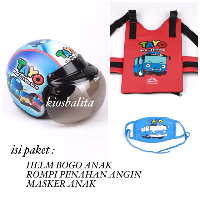 PAKET HELM BOGO TAYO + ROMPI MOTOR PENAHAN DADA ANAK + MASKER ANAK