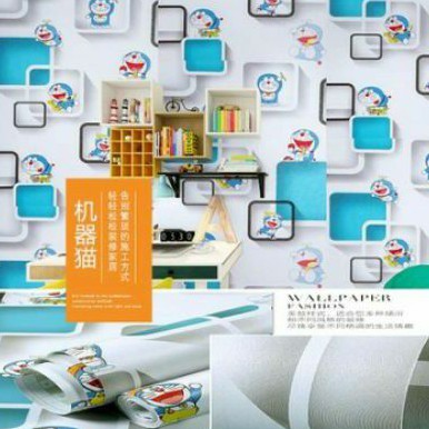 WALLPAPER STIKER DINDING MOTIF DORAEMON KOTAK 3D SIZE 10M X 45CM