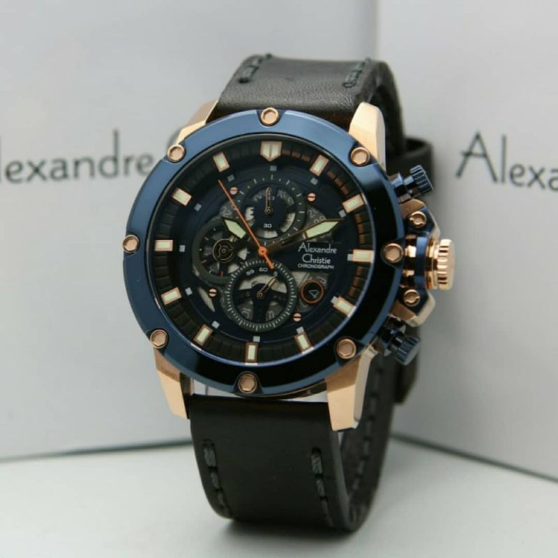 Jam Tangan Alexandre Christie AC 6564 Pria / AC6564 M Blue Black Rose Gold Original
